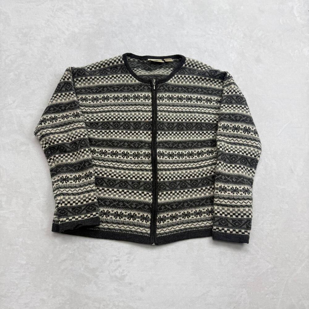BP Nordstrom Women's Sweater Grey Size XL 100% Lambswool Full Zip Fair Isle 90s